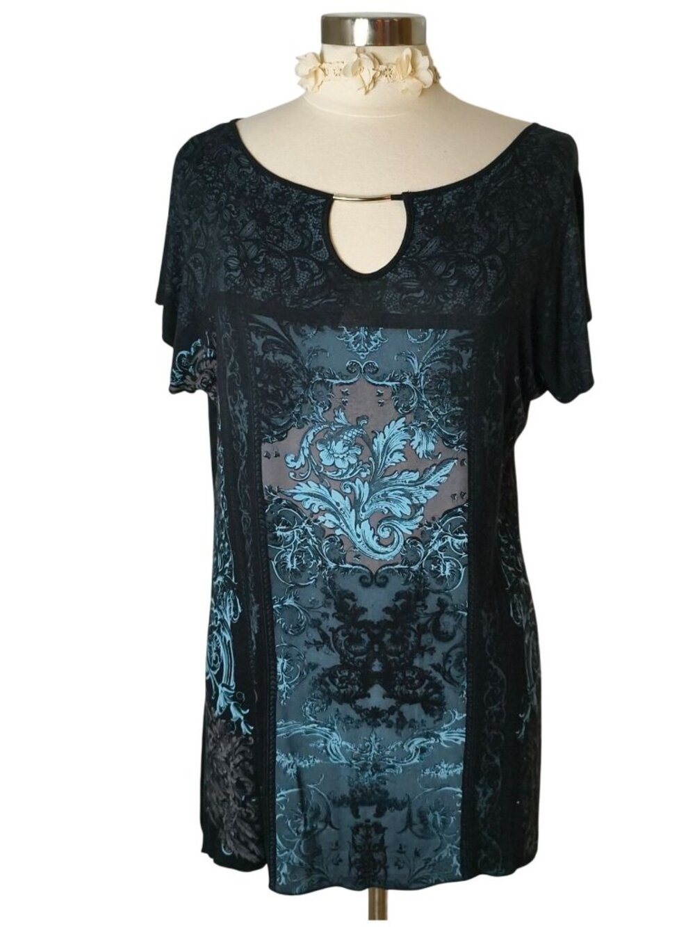 Skinny Minnie Womens Tunic L Boho Black Teal Keyhole Chic Elegant Coquette Fairy